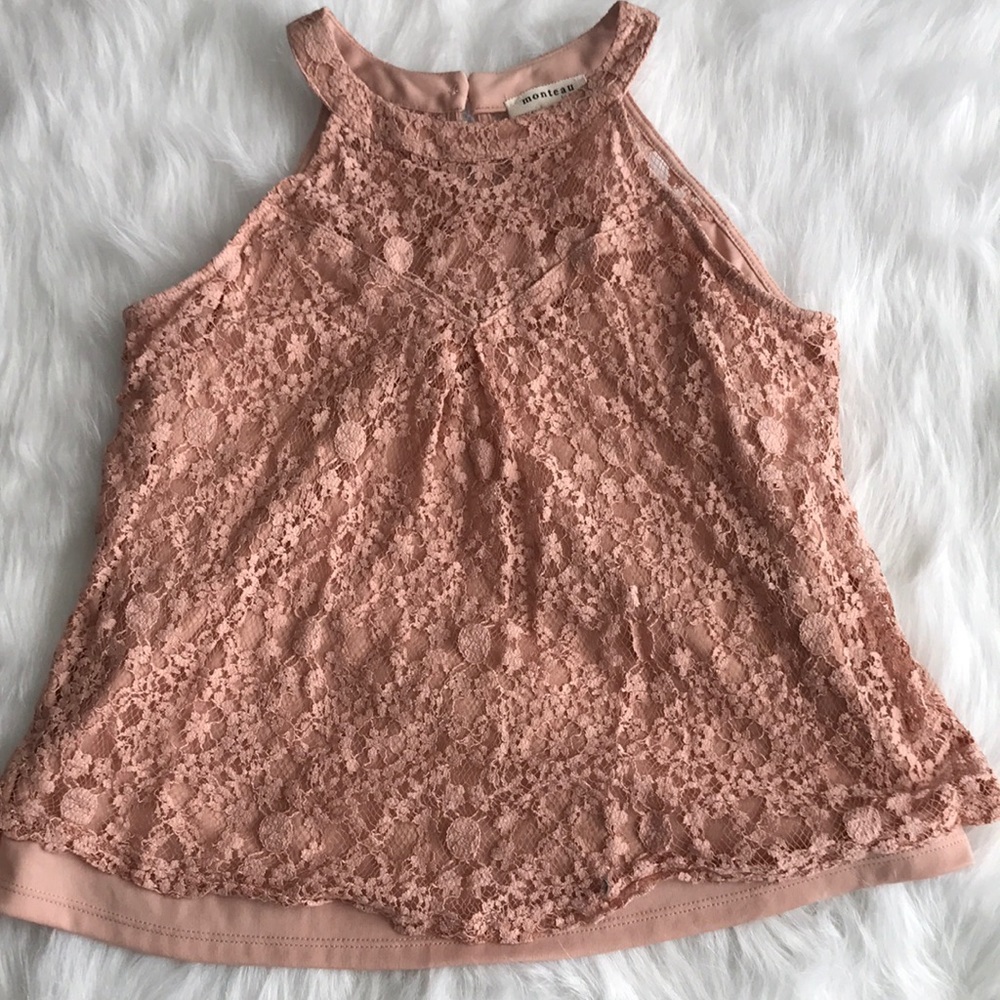 High neck pink lace top
